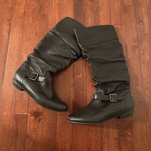 Steve Madden Boots Womens 7M Casstro Tall Riding Black Leather Buckle Heels